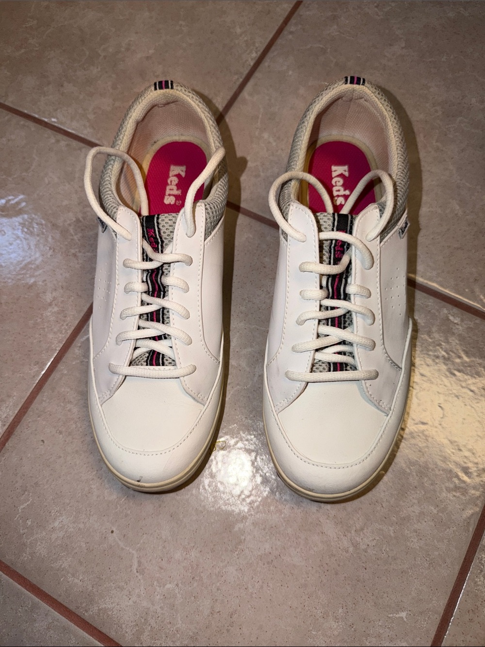 Keds White Leather Sneakers with Pink Insole and Black Accent